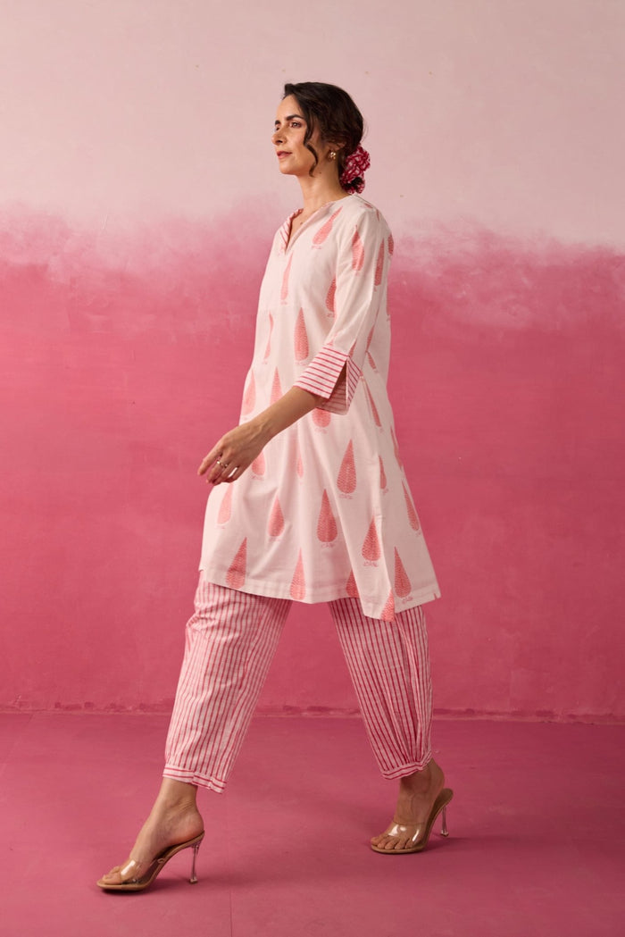 Ivory-Pink Leaf & Check Hand Block Printed Co-ord Set - Tara-C-Tara