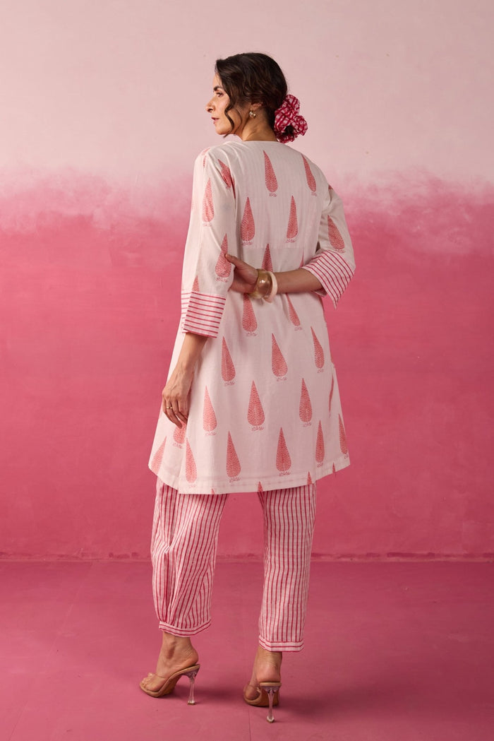 Ivory-Pink Leaf & Check Hand Block Printed Co-ord Set - Tara-C-Tara