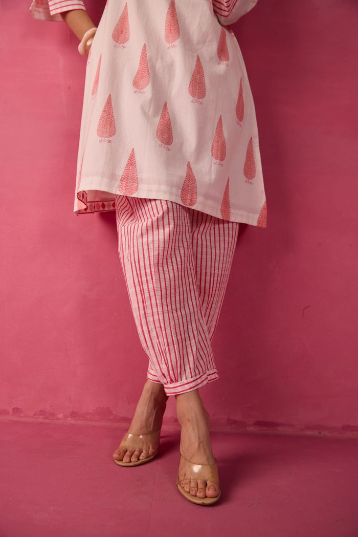 Ivory-Pink Leaf & Check Hand Block Printed Co-ord Set - Tara-C-Tara