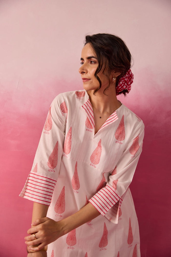 Ivory-Pink Leaf & Check Hand Block Printed Co-ord Set - Tara-C-Tara