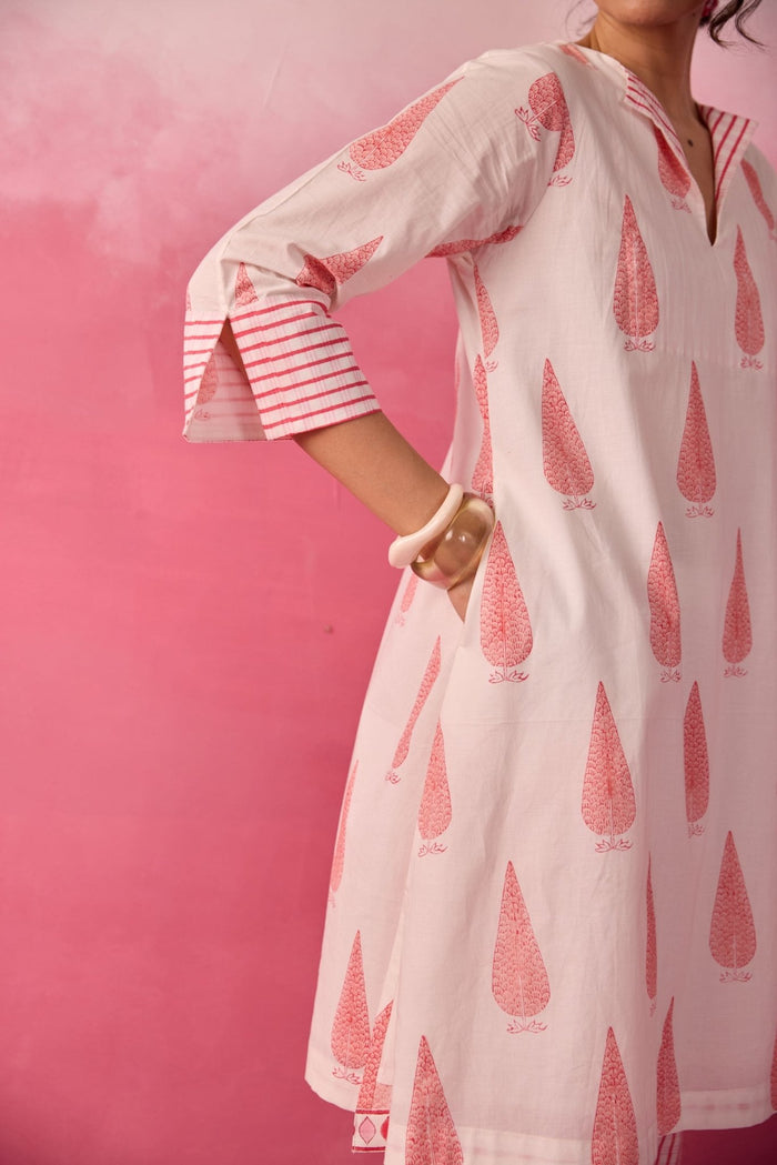 Ivory-Pink Leaf & Check Hand Block Printed Co-ord Set - Tara-C-Tara