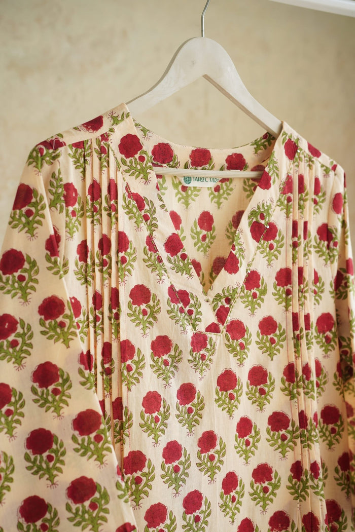 Ivory Rose Floral Hand Block Print Cotton Kurta - Tara-C-Tara