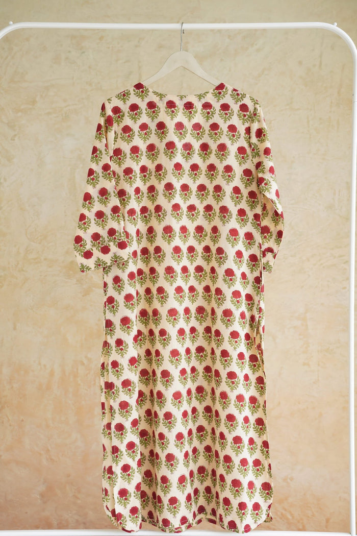 Ivory Rose Floral Hand Block Print Cotton Kurta - Tara-C-Tara
