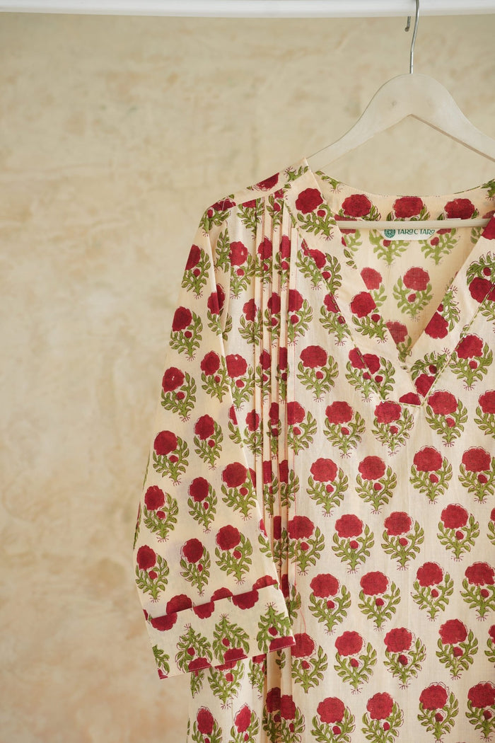 Ivory Rose Floral Hand Block Print Cotton Kurta - Tara-C-Tara