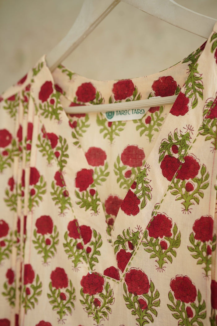 Ivory Rose Floral Hand Block Print Cotton Kurta - Tara-C-Tara
