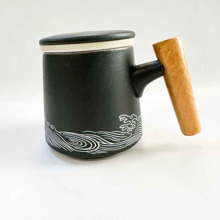 Japanese Wave Ceramic Tea Mug with Infuser & Lid