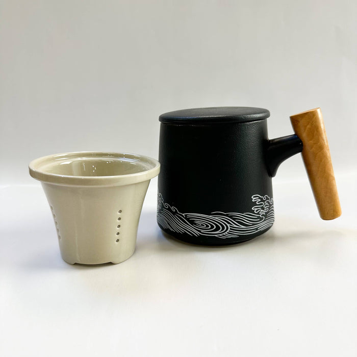 Japanese Wave Ceramic Tea Mug with Infuser & Lid