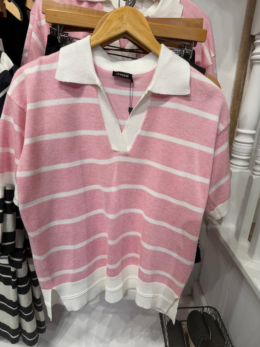 JENSEN COLLARED SS STRIPE TOP-PINK