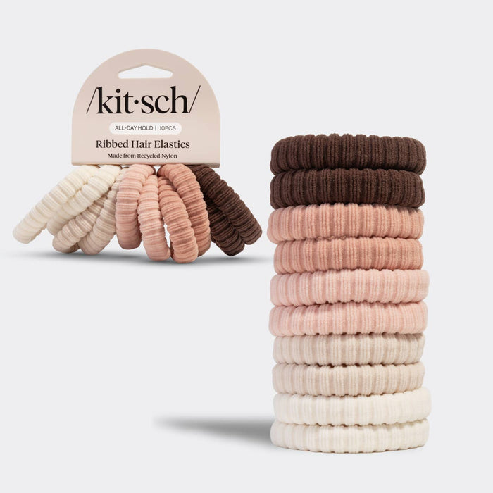 KITSCH Recycled Fabric Ribbed Hair Elastics 10pc Set - Blush