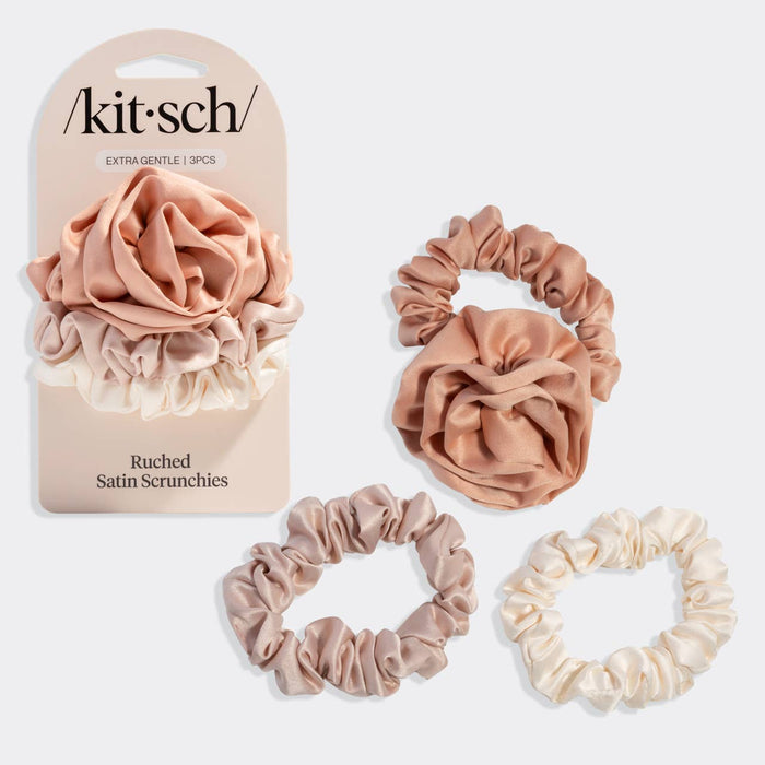 KITSCH Rosette Ruched Satin Scrunchies 3pc Set - Terracotta