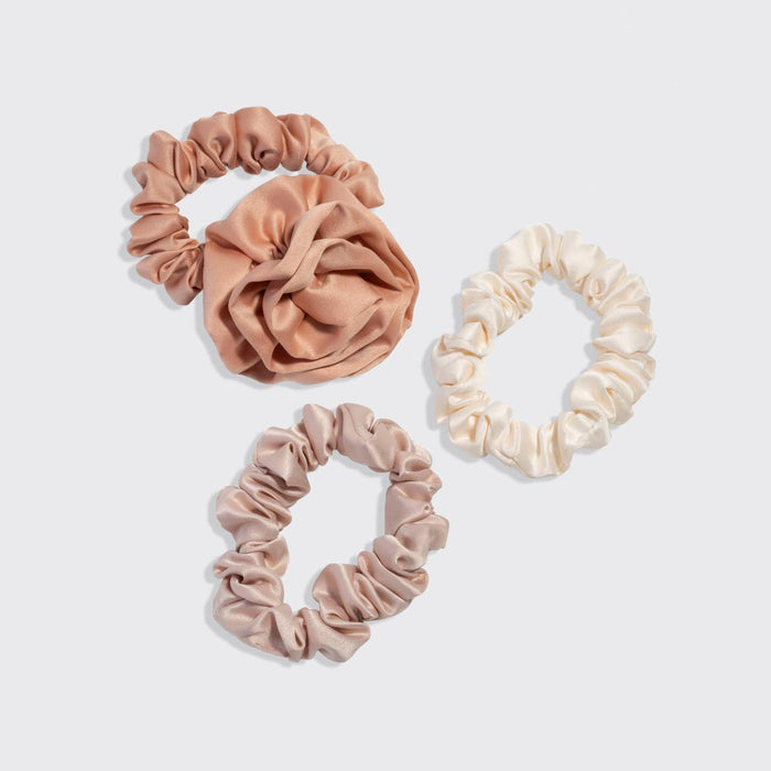 KITSCH Rosette Ruched Satin Scrunchies 3pc Set - Terracotta