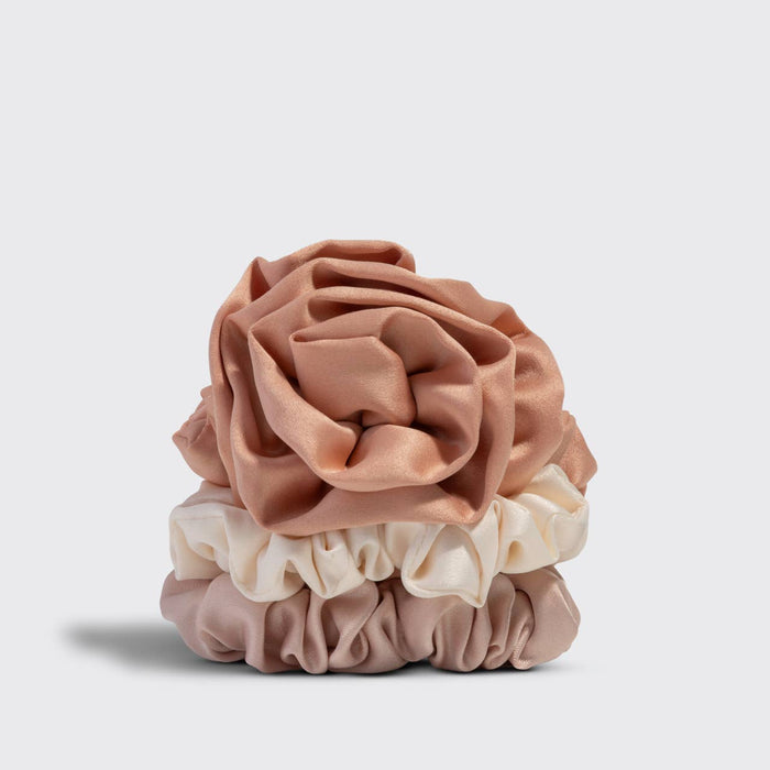 KITSCH Rosette Ruched Satin Scrunchies 3pc Set - Terracotta