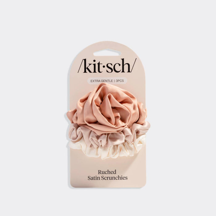 KITSCH Rosette Ruched Satin Scrunchies 3pc Set - Terracotta