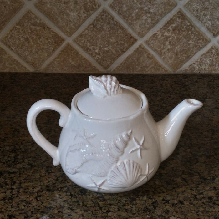 Laguna Coastal Shell Teapot White Decorative Sea Life Home Decor By Blue Sky