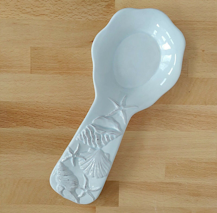 Laguna Coastal Spoon Rest Blue Sea Shells Ceramic by Blue Sky Kitchen Decor