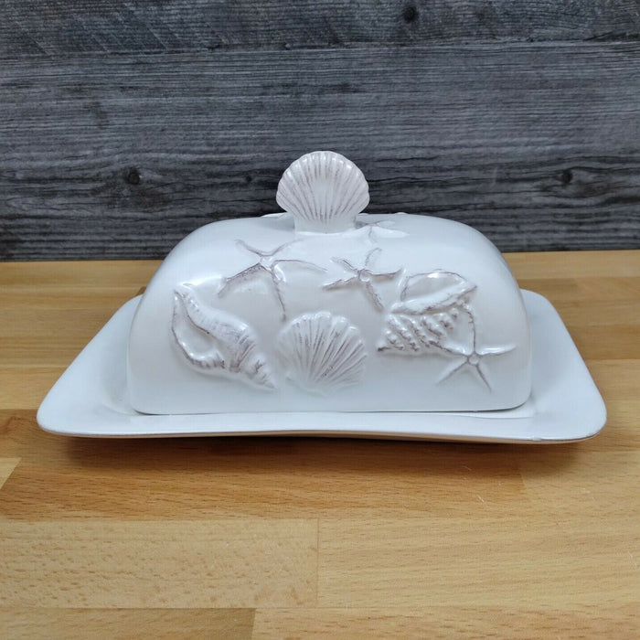 Laguna Coastal White Butter Dish w/Ocean Sea Shells Blue Sky Kitchen Ceramic