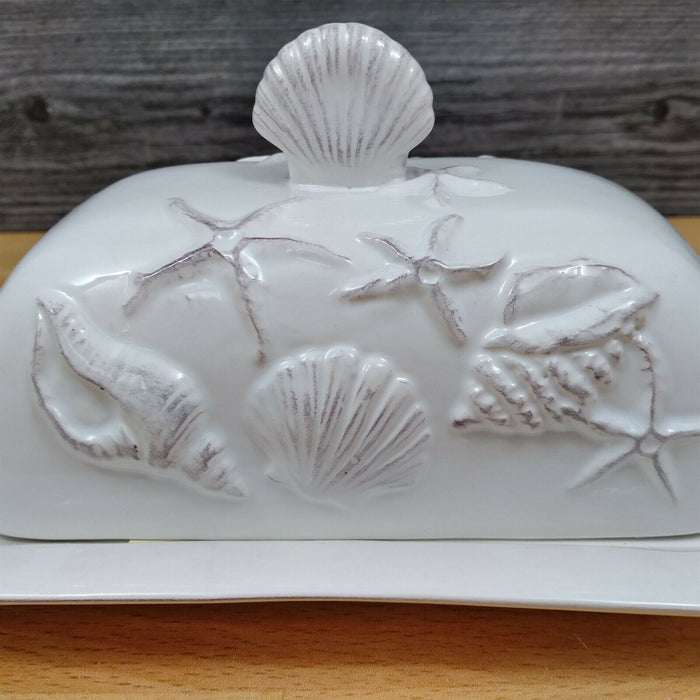 Laguna Coastal White Butter Dish w/Ocean Sea Shells Blue Sky Kitchen Ceramic