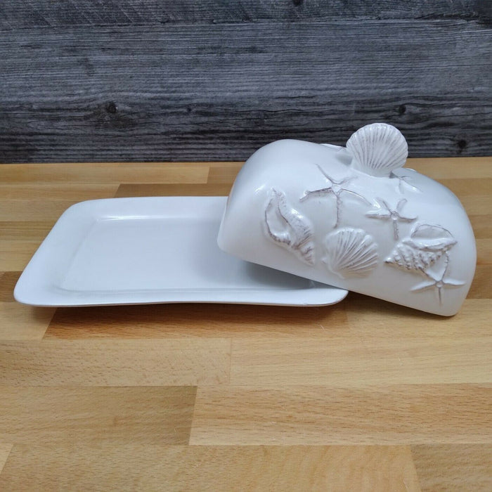 Laguna Coastal White Butter Dish w/Ocean Sea Shells Blue Sky Kitchen Ceramic