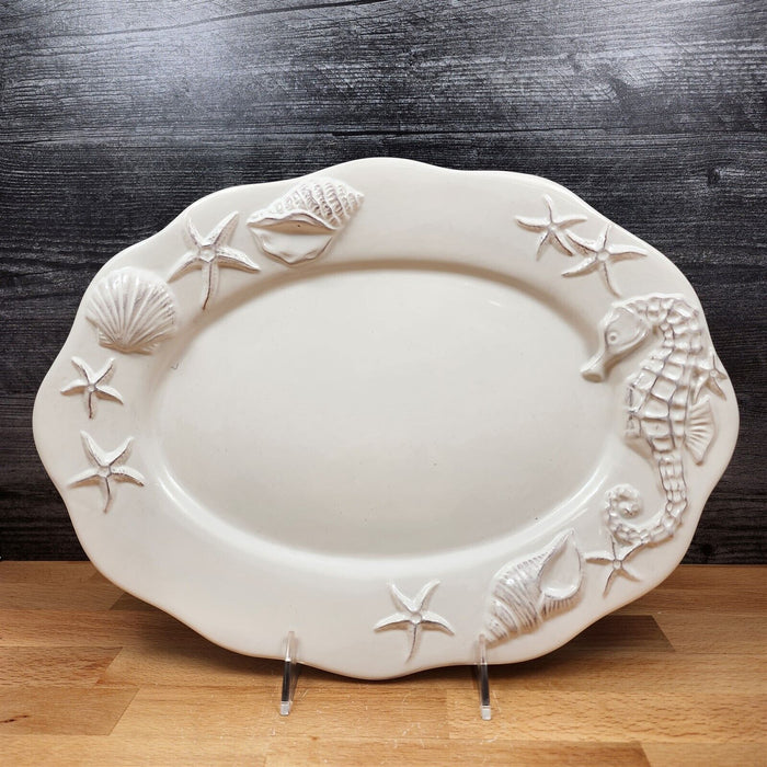 Laguna Coastal White Tray Serving Plate 14" Nautical Sea Horse Platter Blue Sky