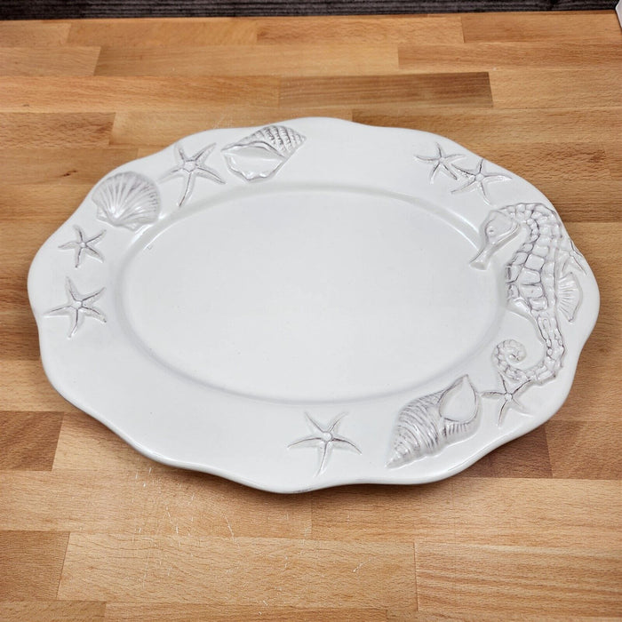 Laguna Coastal White Tray Serving Plate 14" Nautical Sea Horse Platter Blue Sky