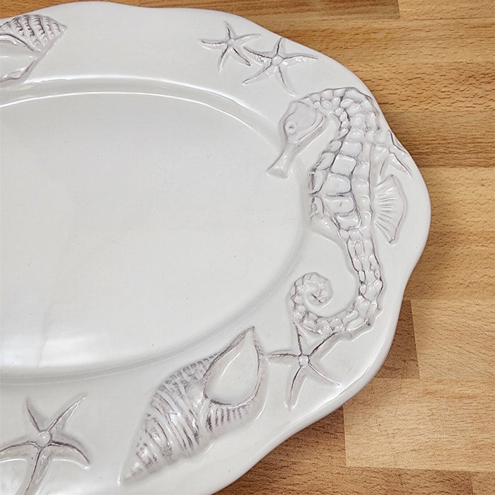 Laguna Coastal White Tray Serving Plate 14" Nautical Sea Horse Platter Blue Sky