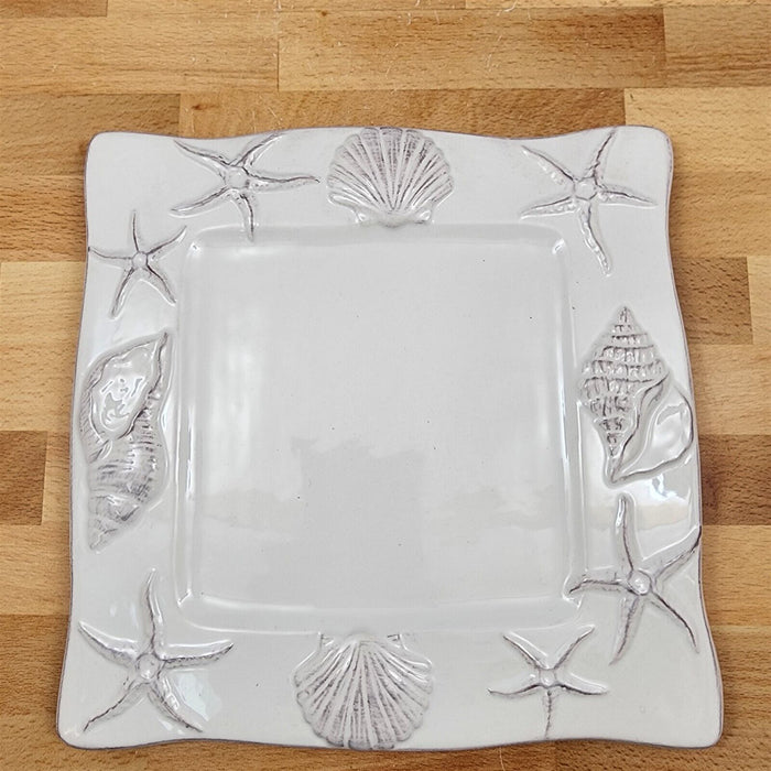 Laguna Coastal White Tray Serving Plate 9" Nautical Sea Shells Platter Blue Sky