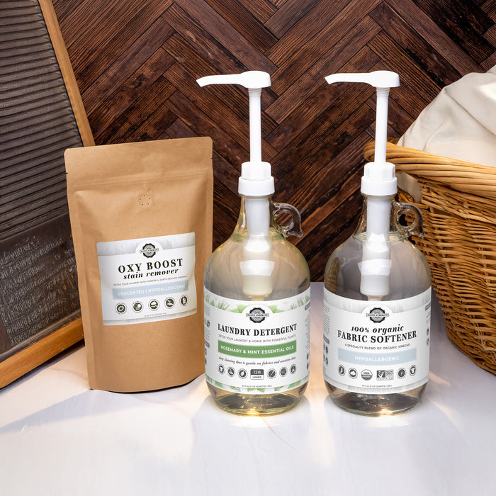 Rustic Strength - Laundry Detox Set | Glass | Rosemary Mint (64oz Laundry Detergent, 64oz Organic Fabric Softener & 2LB Oxy Boost)