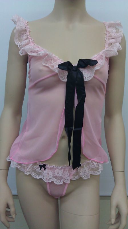 Leg Avenue Mesh Babydoll With Ribbon Tie & Thong, Pink-Black - 81300