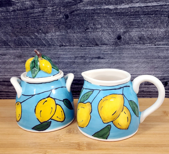 Lemon Sky Sugar Bowl & Creamer Set Ceramic Floral Deco Blue Sky Heather Goldminc