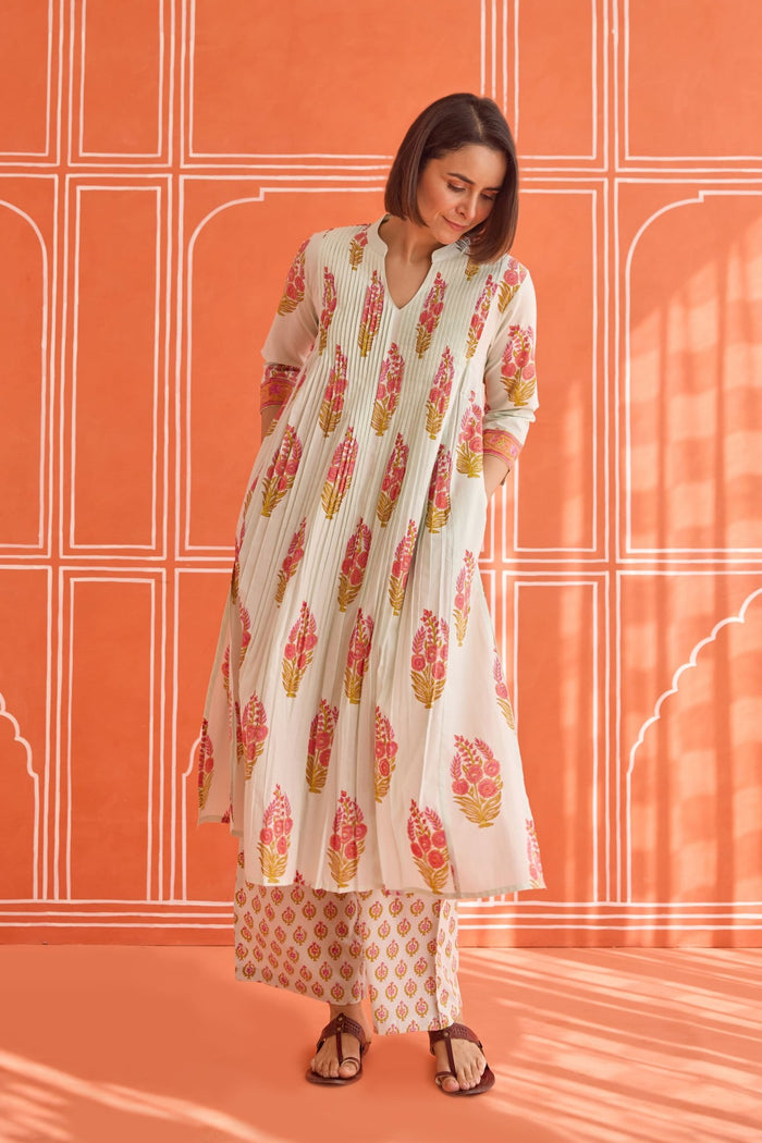 Ivory Floral Hand Block Printed Co-ord Set - Tara-C-Tara