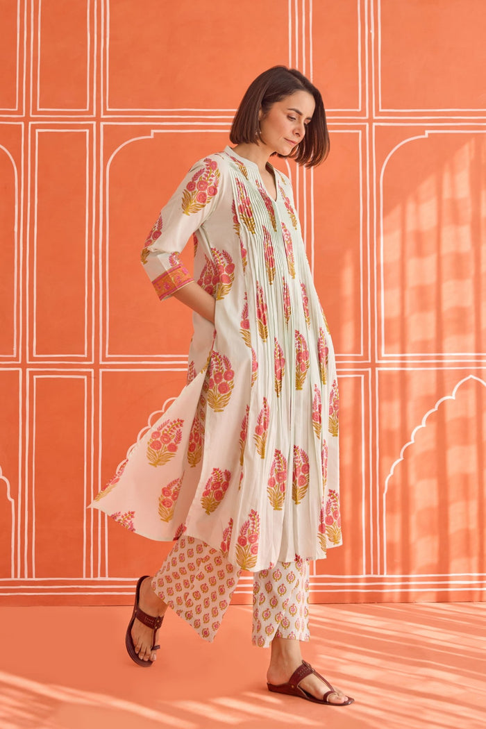 Ivory Floral Hand Block Printed Co-ord Set - Tara-C-Tara