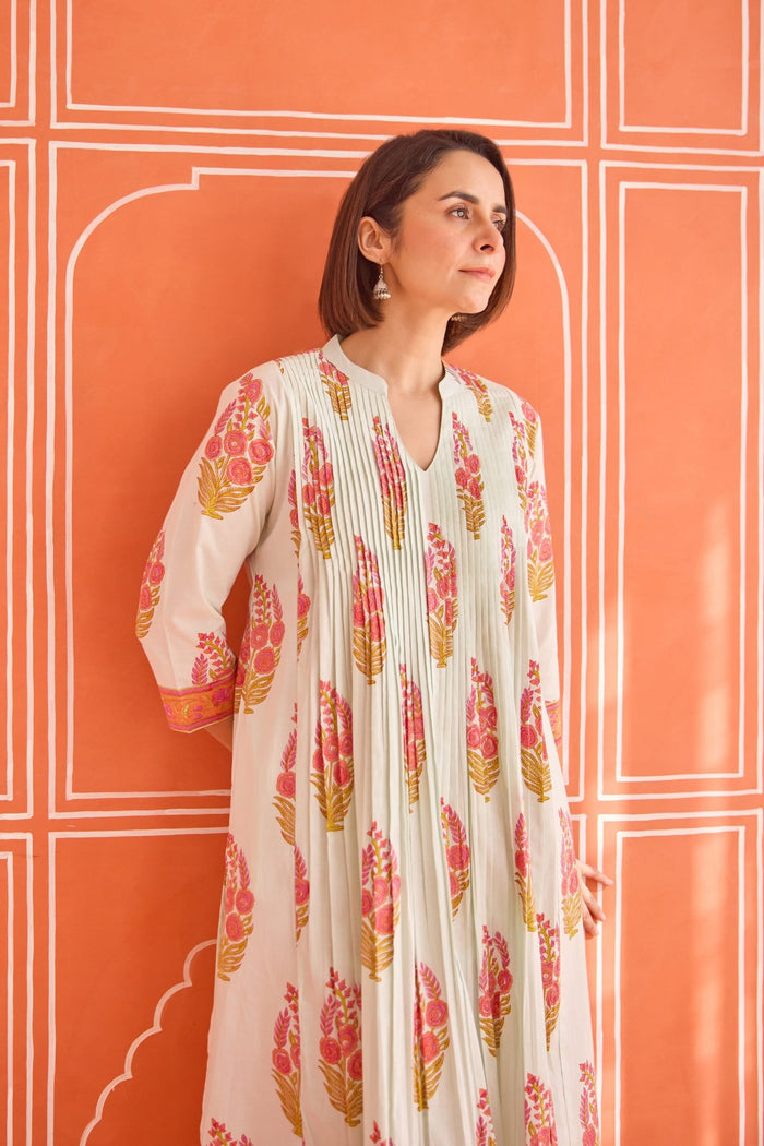 Ivory Floral Hand Block Printed Co-ord Set - Tara-C-Tara
