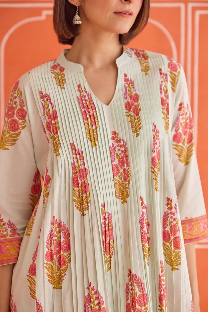 Ivory Floral Hand Block Printed Co-ord Set - Tara-C-Tara