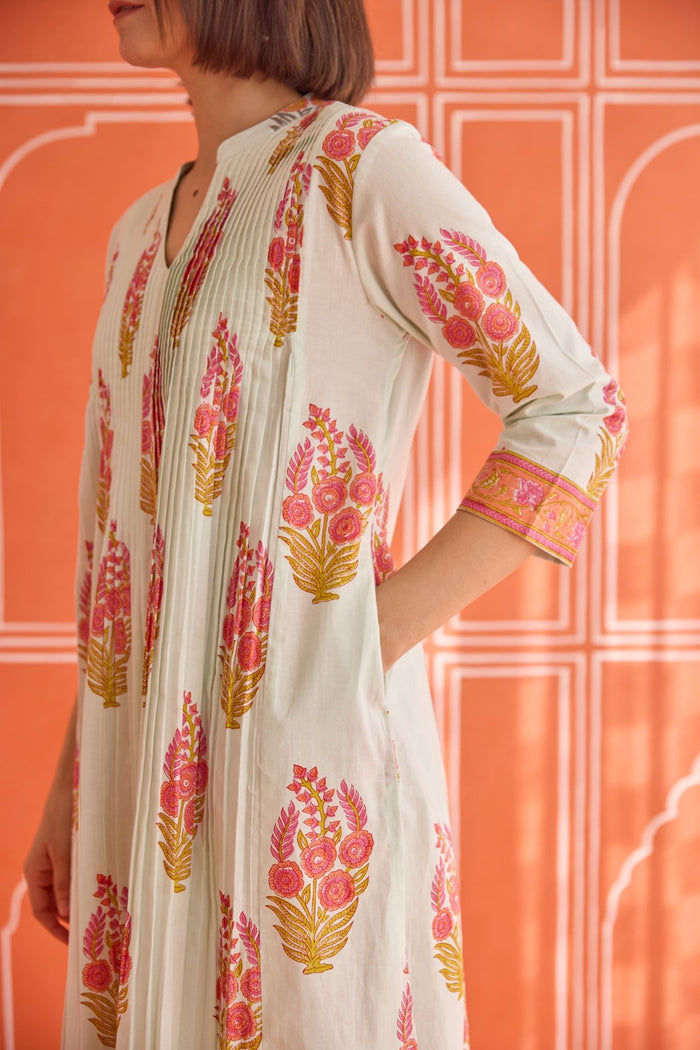 Ivory Floral Hand Block Printed Co-ord Set - Tara-C-Tara