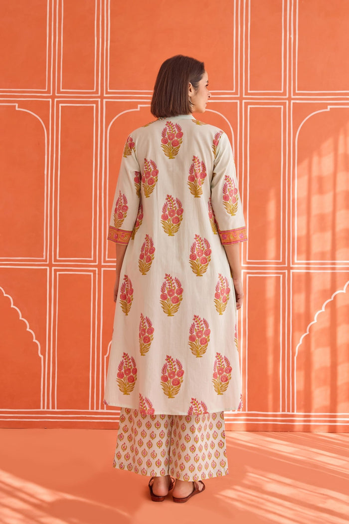 Ivory Floral Hand Block Printed Co-ord Set - Tara-C-Tara