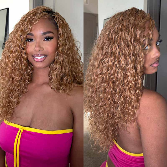 Lite Edition|QVR Curly Miracle Knots Honey Blonde #27 Feather Crochet Human Hair|Lightweight Crochet Weave Hair Extension