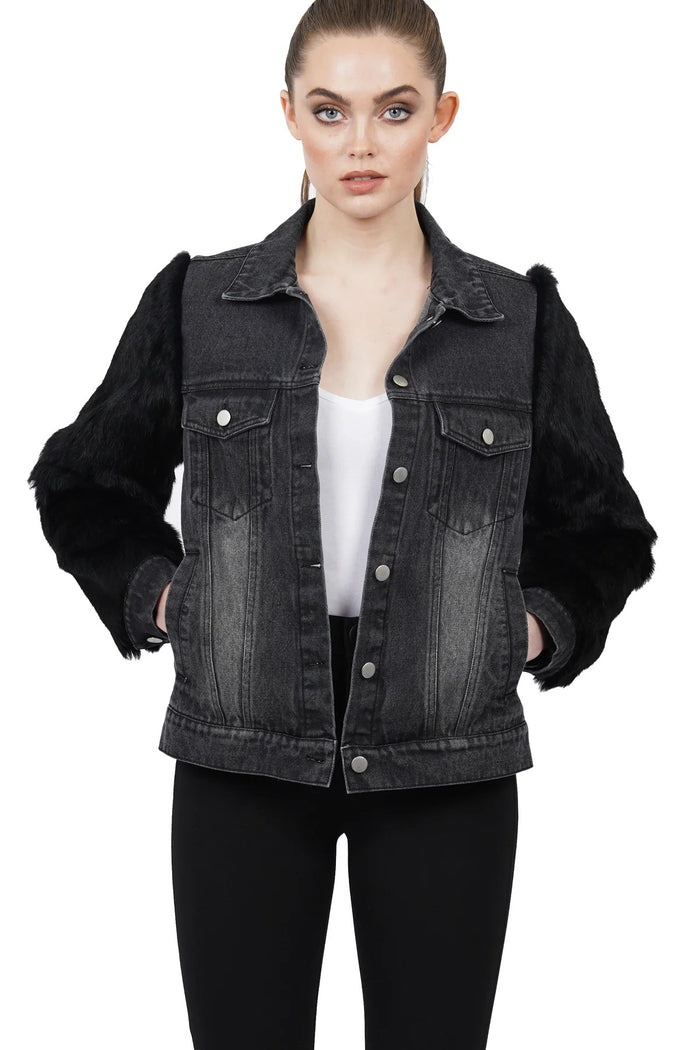 Love Token Murray Genuine Real Rabbit Fur Sleeve Denim Jacket Coat - LT26-20