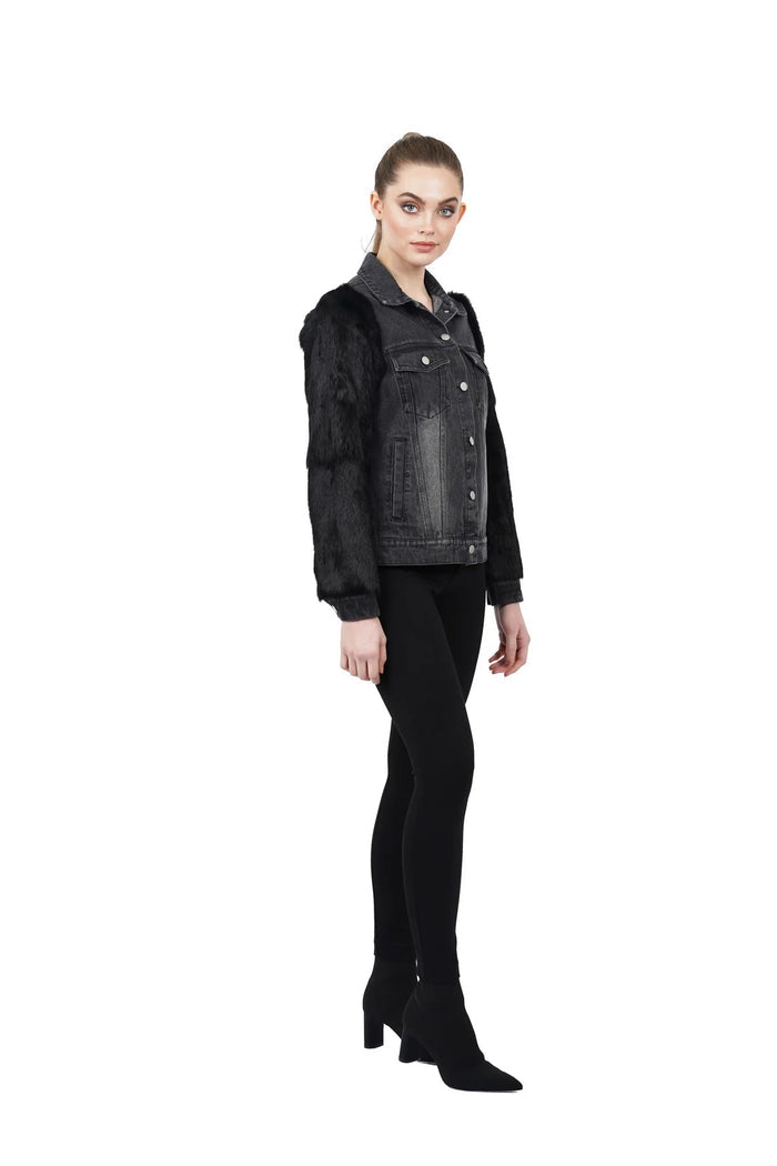 Love Token Murray Genuine Real Rabbit Fur Sleeve Denim Jacket Coat - LT26-20