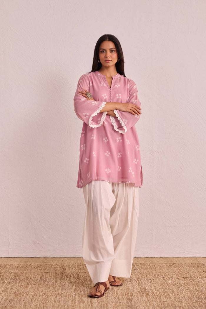Mouve Pink Bandhej Printed Kurta & White Farsi Salwar Co - ord Set - Tara - C - Tara