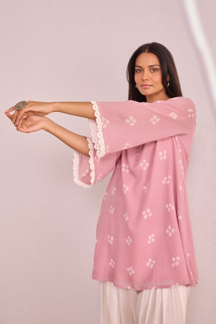 Mouve Pink Bandhej Printed Kurta & White Farsi Salwar Co - ord Set - Tara - C - Tara