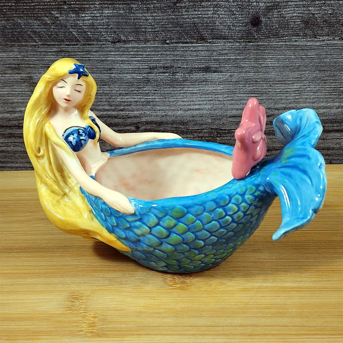 Mermaid Dip Bowl and Pink Starfish Spreader Whimsical Ceramic Blue Sky Goldminc