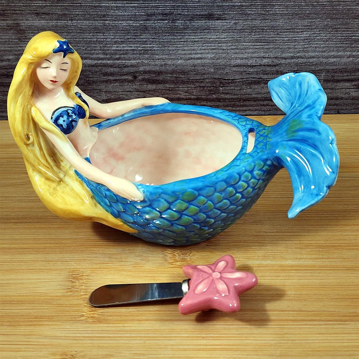 Mermaid Dip Bowl and Pink Starfish Spreader Whimsical Ceramic Blue Sky Goldminc