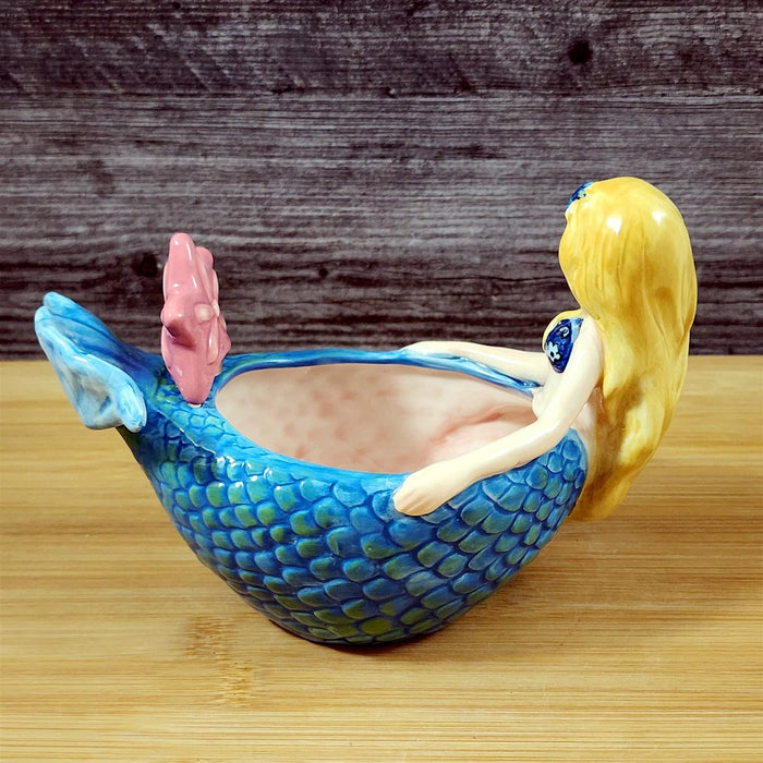 Mermaid Dip Bowl and Pink Starfish Spreader Whimsical Ceramic Blue Sky Goldminc
