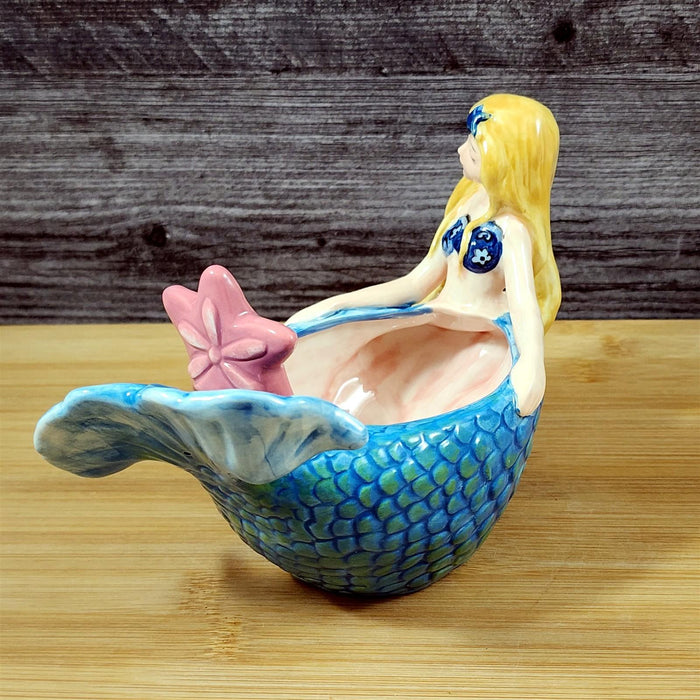 Mermaid Dip Bowl and Pink Starfish Spreader Whimsical Ceramic Blue Sky Goldminc
