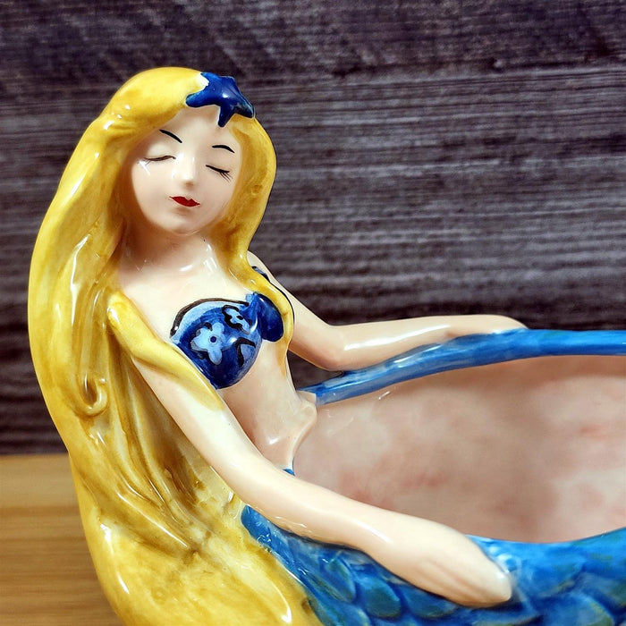 Mermaid Dip Bowl and Pink Starfish Spreader Whimsical Ceramic Blue Sky Goldminc