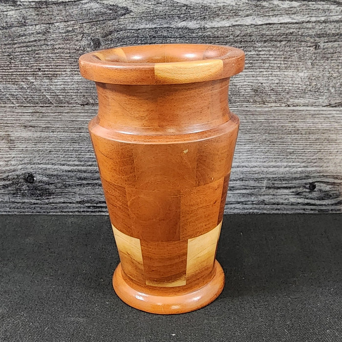 Mid Century Style Solid Wood Vase Natural Finish Handcrafted Marquetry Segmented