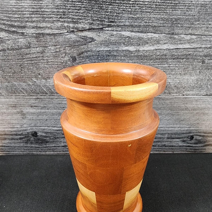 Mid Century Style Solid Wood Vase Natural Finish Handcrafted Marquetry Segmented