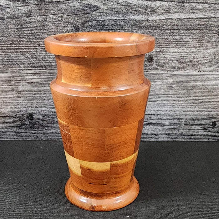 Mid Century Style Solid Wood Vase Natural Finish Handcrafted Marquetry Segmented