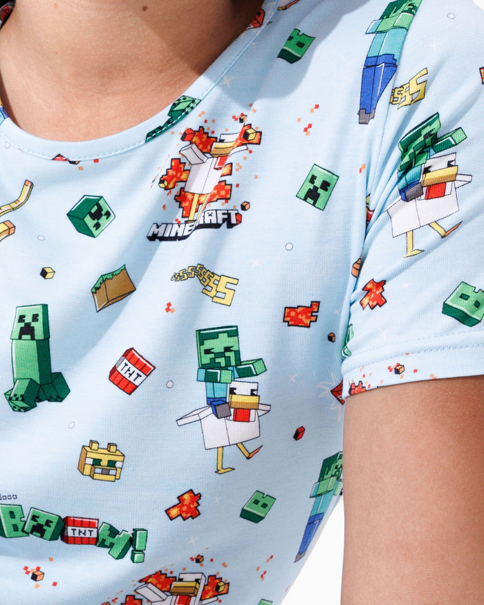 Light blue t-shirt with Minecraft character and block pattern