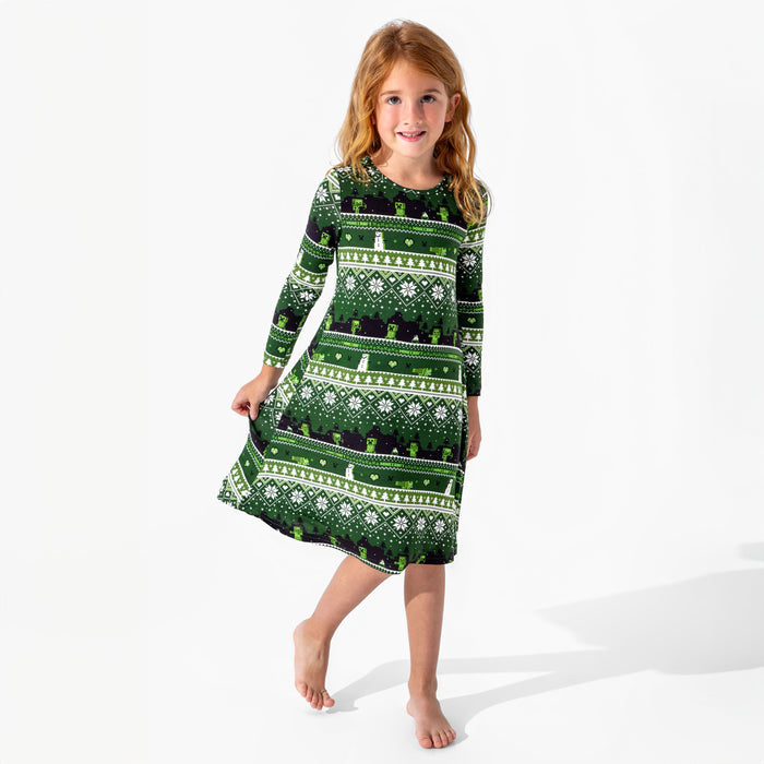 Minecraft: Creeper Holiday Bamboo Girls' Long Sleeve Dress